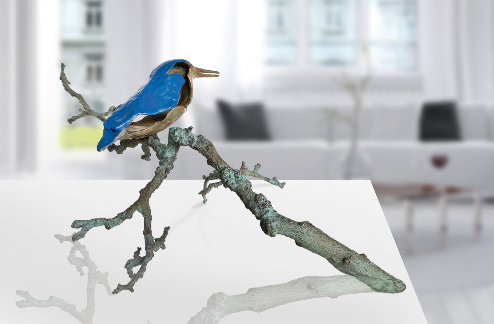 Der Eisvogel auf Ast, Bronze-Skulptur von E. Wähning