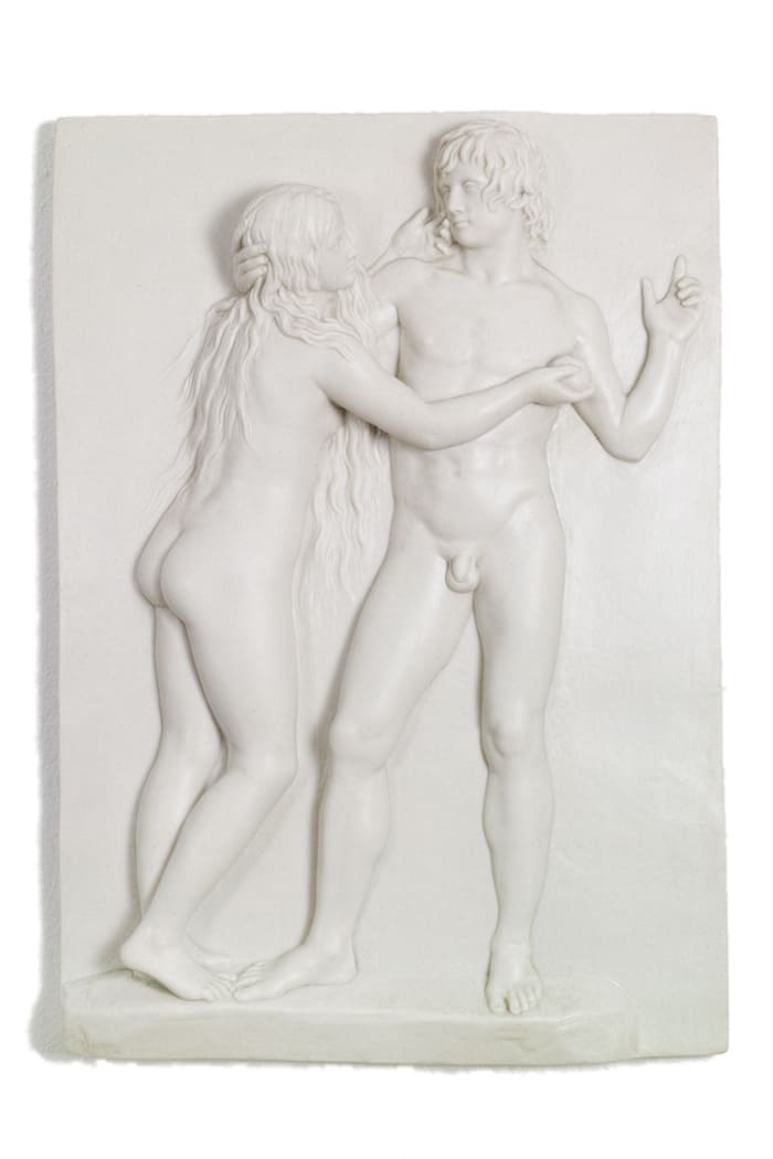 Adam und Eva Wandrelief von Johann, Gottfried Schadow, Marmorguss-Museumsreproduktion.