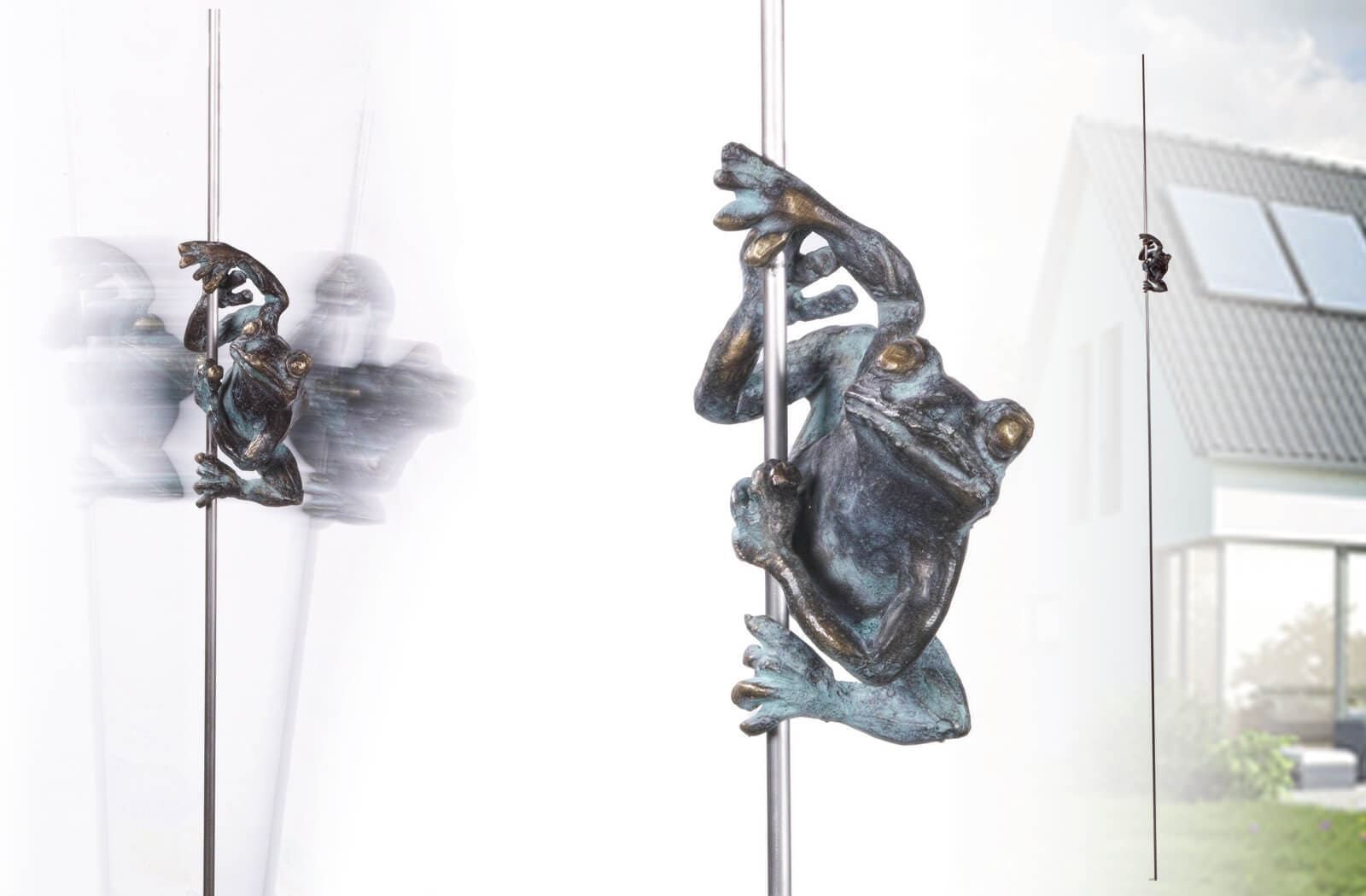 Frosch Bronze-Skulptur an Edelstahlstab von E. Wähning.