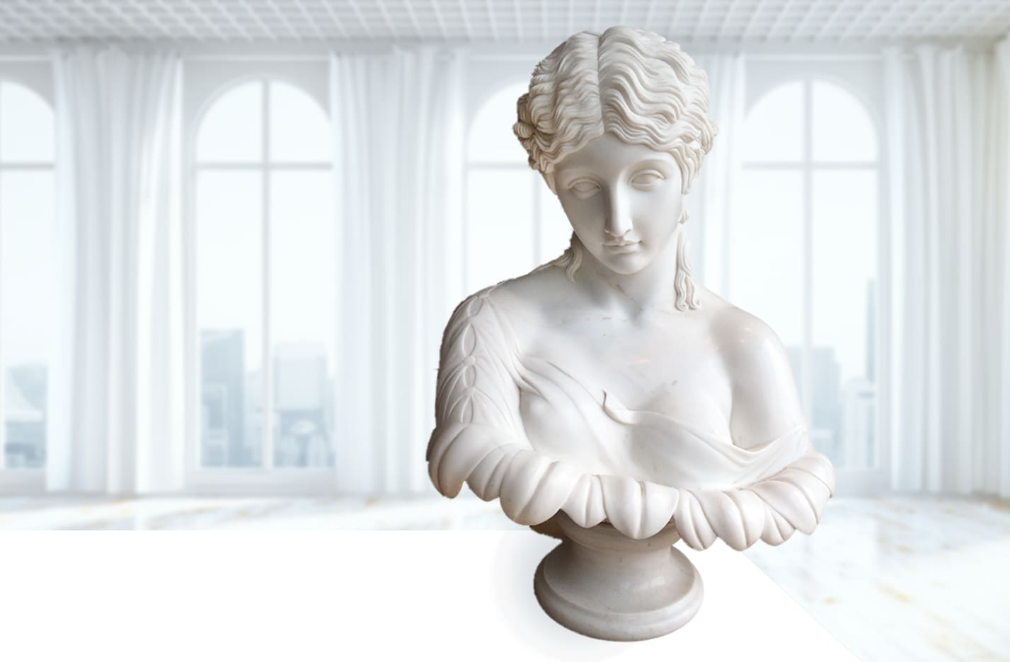 Die Klytia, Frau im Sonnenblumenkelch, Marmor-Skulptur-Replikat. Unikat.