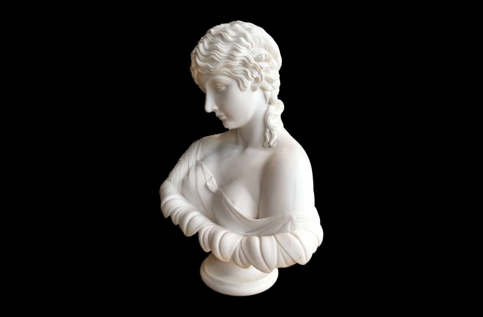 Die Klytia, Frau im Sonnenblumenkelch, Marmor-Skulptur-Replikat. Unikat.