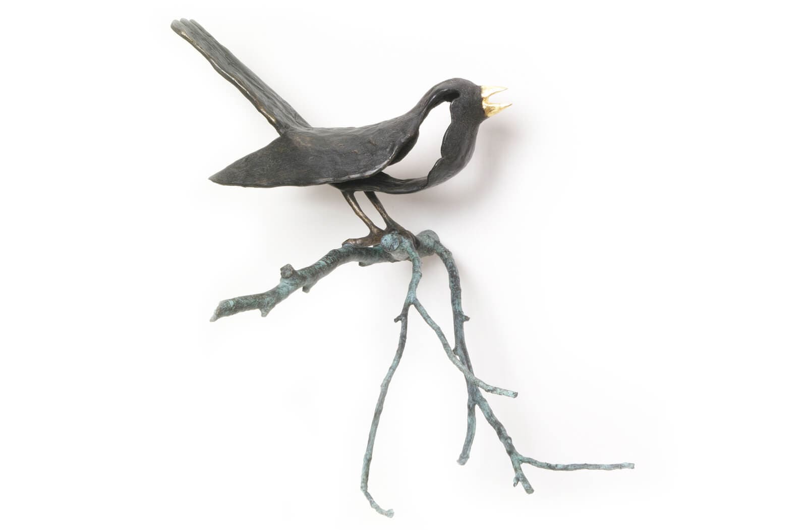 Die singende Amsel auf Ast limitierte Bronze-Wandskulptur von E. Wähning
