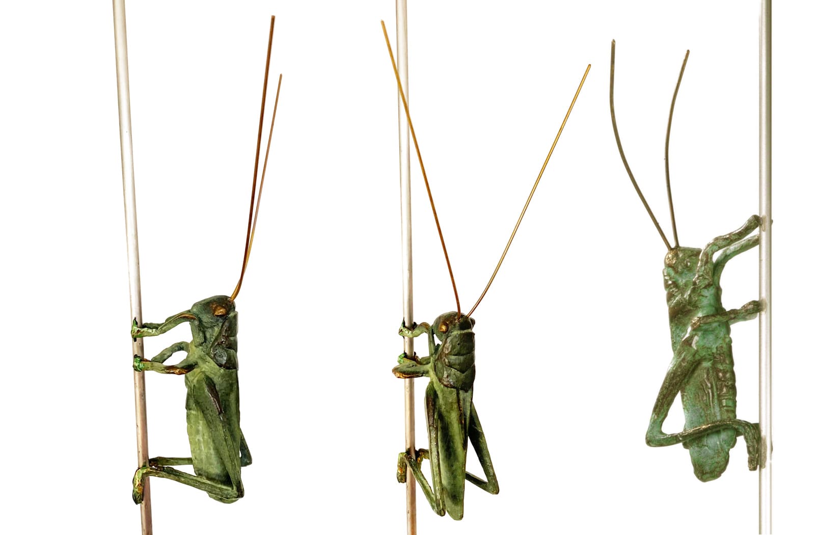 Grashüpfer Bronze-Skulptur an Edelstahlstab von E. Wähning.