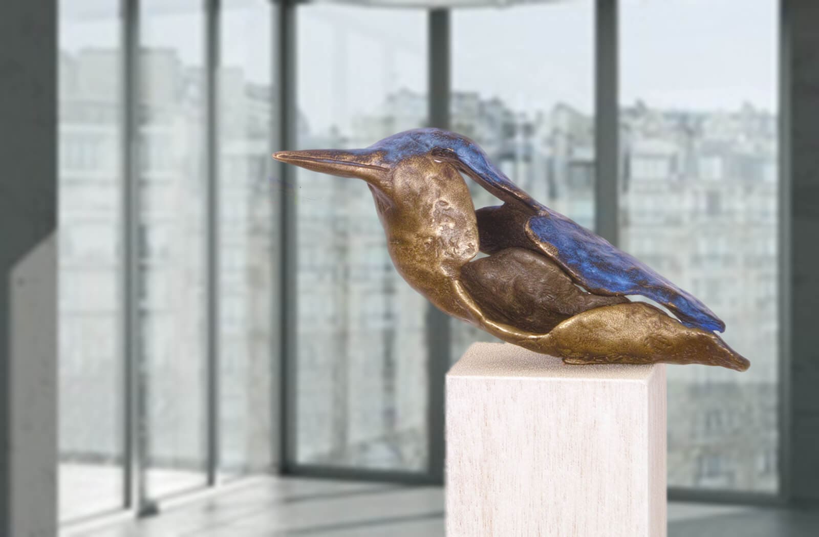 Der Eisvogel nach links schauend, limitierte Bronze-Skulptur von E.Wähning