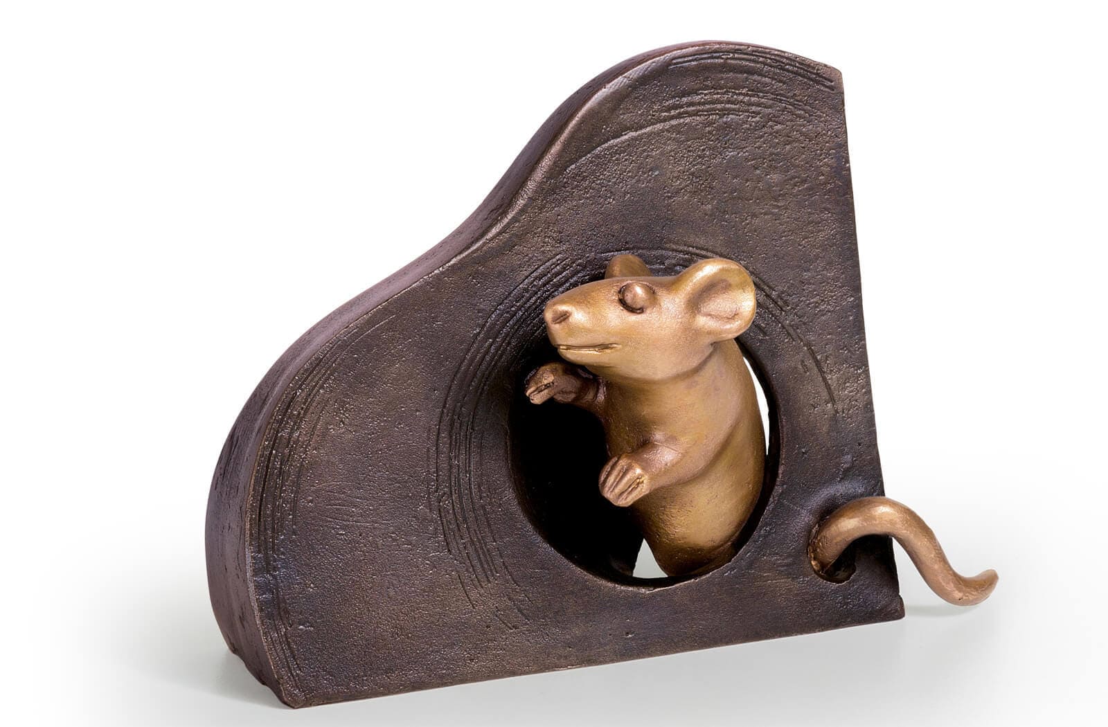 Maus mit Mauseloch, Bronze-Skulptur.