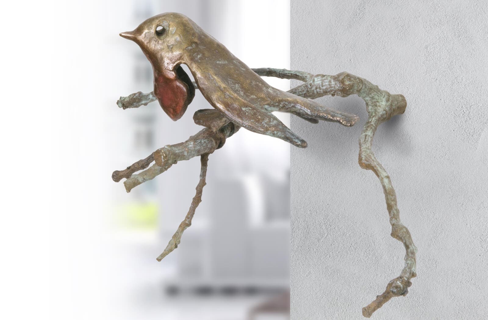 Das Rotkehlchen auf Ast limitierte Bronze-Wandskulptur von E. Wähning