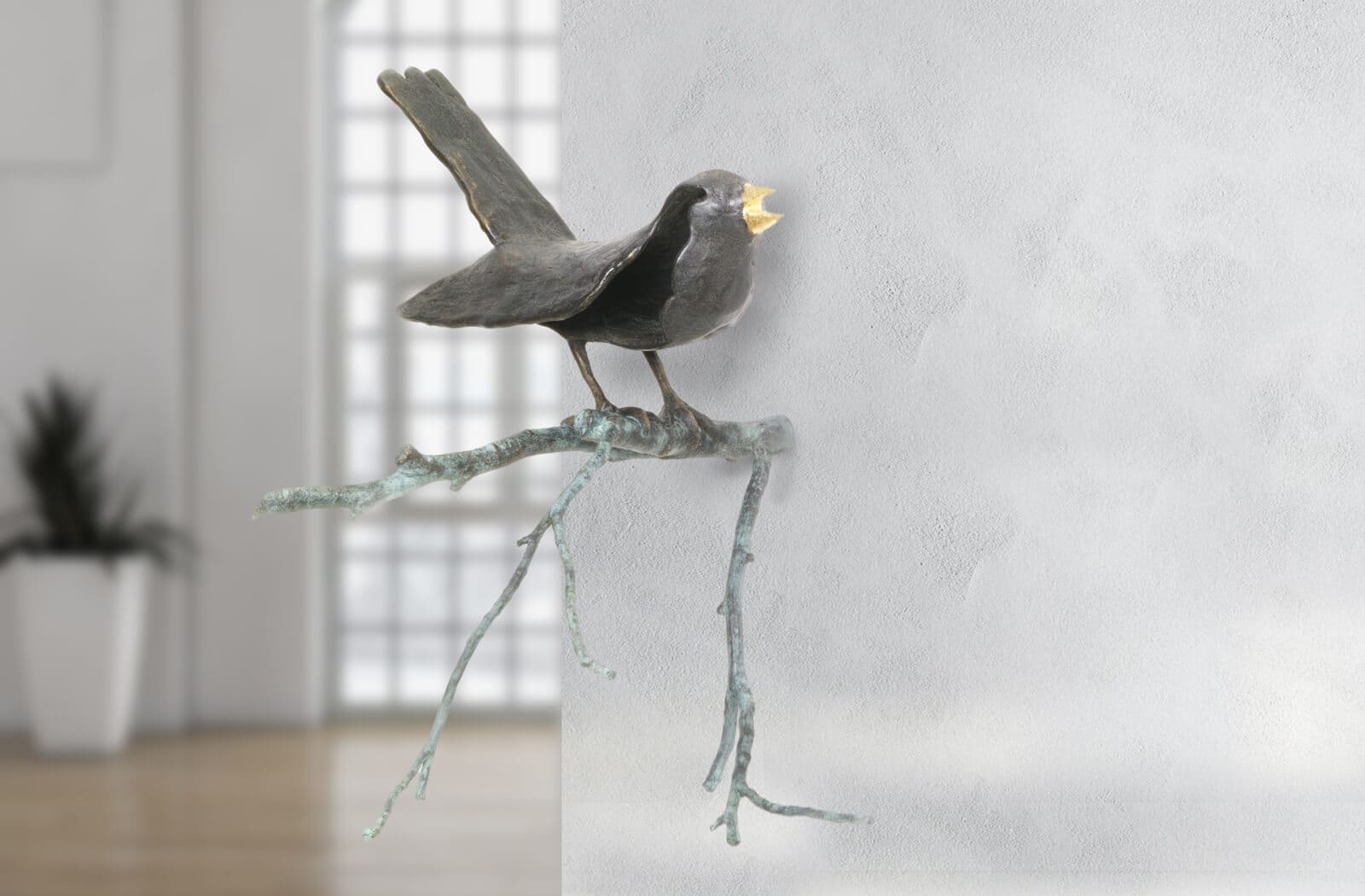 Die singende Amsel auf Ast limitierte Bronze-Wandskulptur von E. Wähning